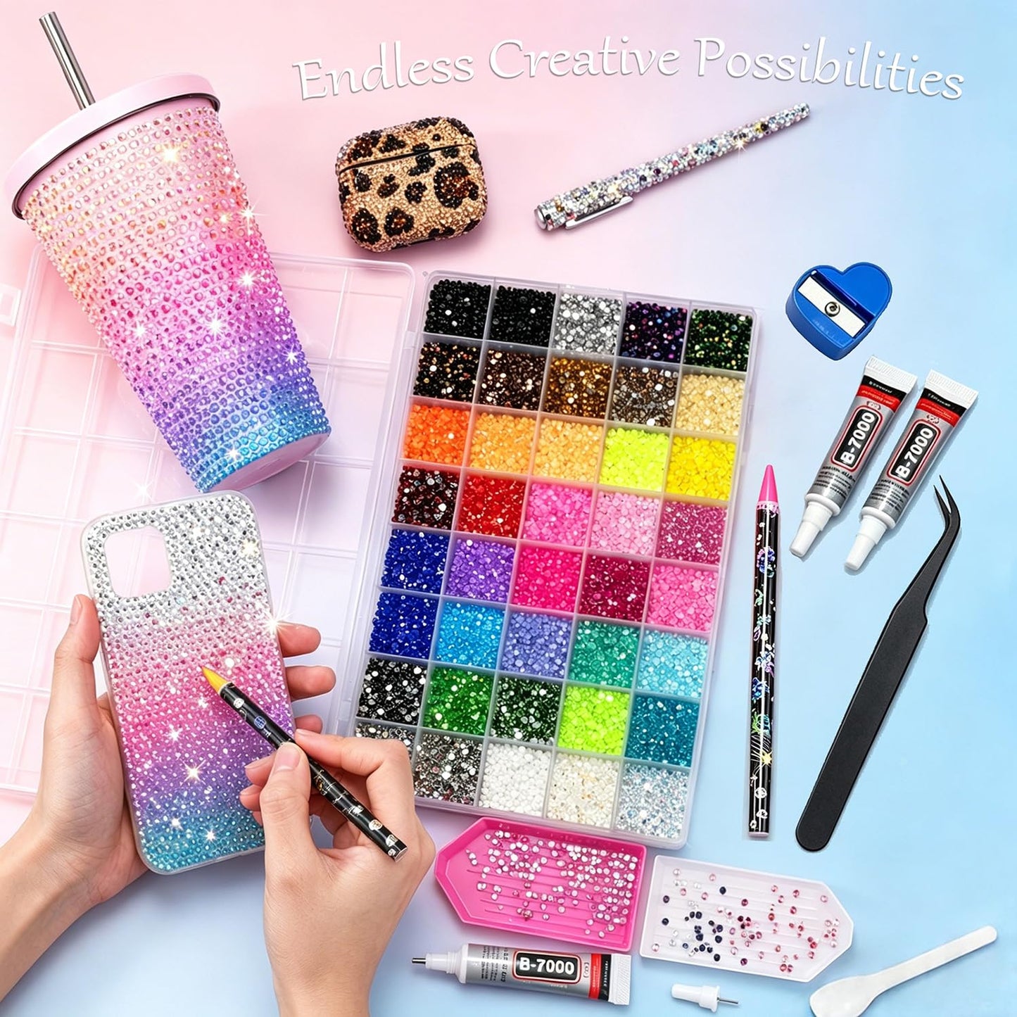 40 Colors Resin Jelly Rhinestones for Bedazzling, 32000Pcs 3mm Flatback Gems with 3Pcs 10ml B7000 Jewelry Glue & Tools, All-in-One Bedazzling Kit for Crafting Book Shoes Clothing Nail Diamond Art