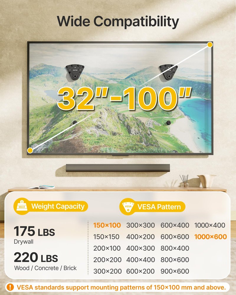 monTEK No Stud TV Wall Mount for 32-100 Inch TVs, Holds up to 220 lbs, Heavy Duty Studless No Drill TV Mount for Drywall & Concrete, Ultra Slim 0.9" Low Profile, Max VESA 1000x600mm, Renter-Friendly