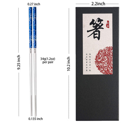 Titanium Plated Chopstick Stainless Steel Chopsticks Metal Chopsticks Reusable Dishwasher safe Premium Laser Engraved Chop Sticks for Eating 2 Pairs Gift Set Blue Silver