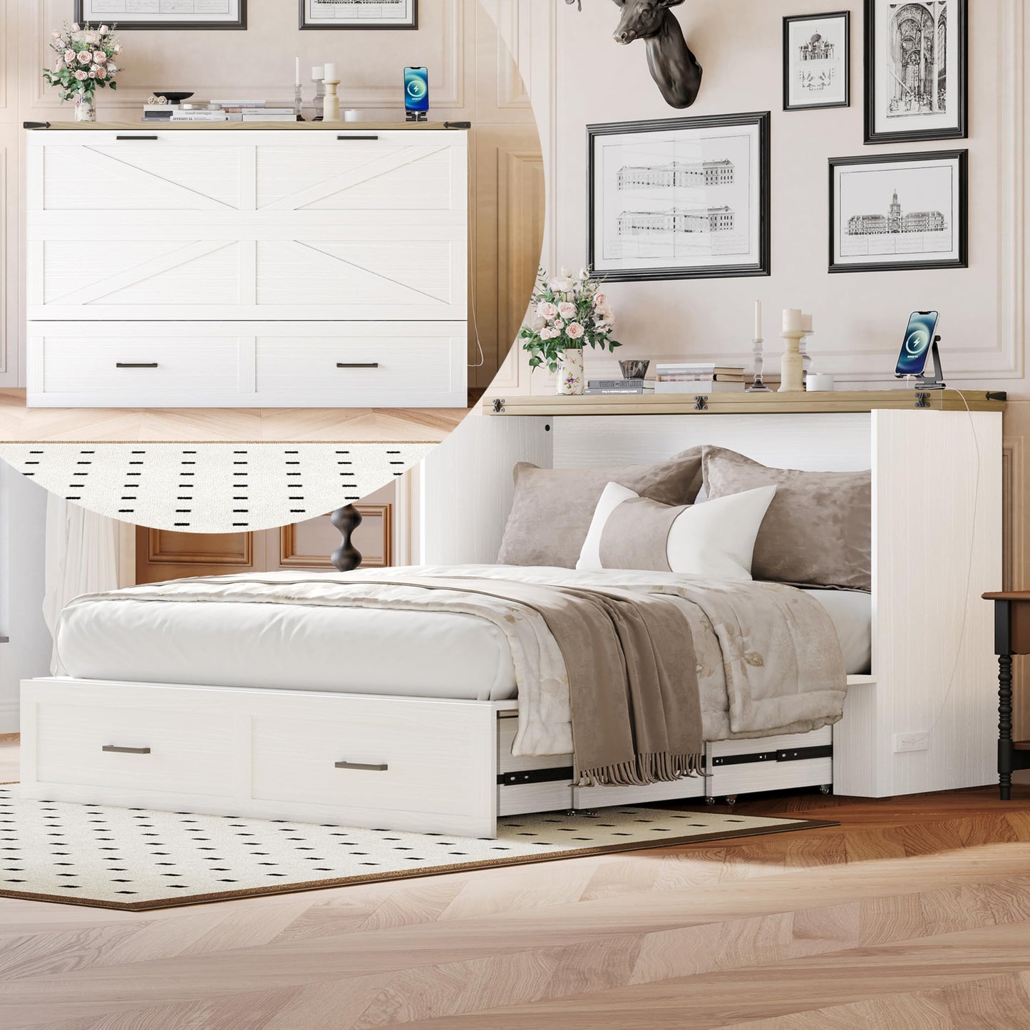 Merax Modern Farmhouse Solid Wood Murphy Cabinet Bed with Charging Station, Foldable Wall Platform Bed with Storage Drawer/No Box Spring Needed/Easy Assemble/Queen, White