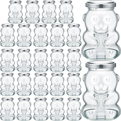 24 Pack 4 oz Patelai Glass Bear Shaped Honey Jars with Lids Reusable Small Tilted Bear Glass Bottles Containers