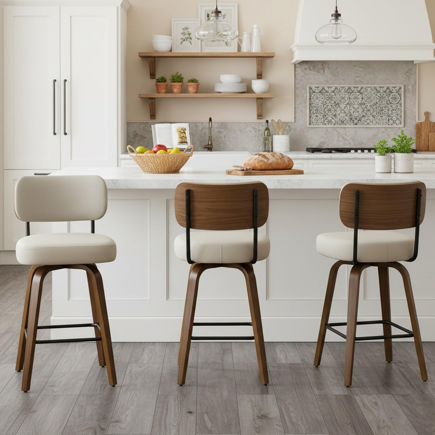 Arvasslia Swivel Bar Stools Set of 3, 26" Upholstered Counter Height Bar Stools with Back and Walnut Wood Legs, Faux Leather Barstools for Kitchen Counter, Beige Gray