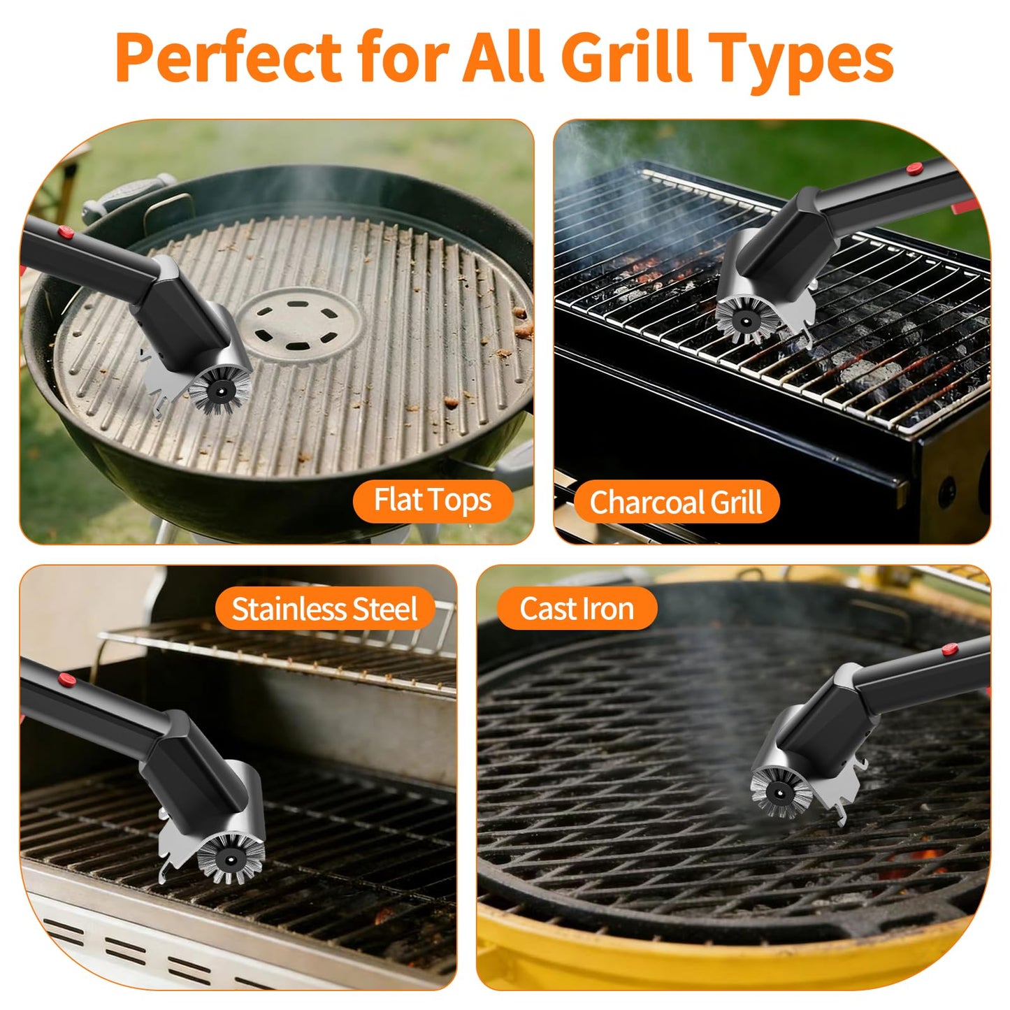 Electric Grill Brush with Water Spray & LED Light, 2600mAh Rechargeable BBQ Cleaner with 2 Speed Modes, 100 Mins Runtime, 304 Stainless Steel Heat Resistant Grill Brush for Outdoor Camping