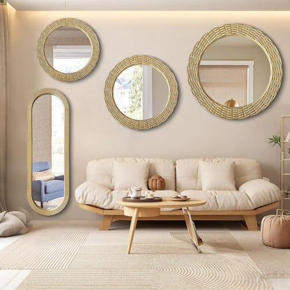 WAMIRRO Gold Round Wood Mirror, 36 Inch Hand Carved Solid Wood Frame Circle Mirror for Wall Mount, Farmhouse Boho Decor for Living Room, Bathroom, Bedroom, Hallway & Entryway