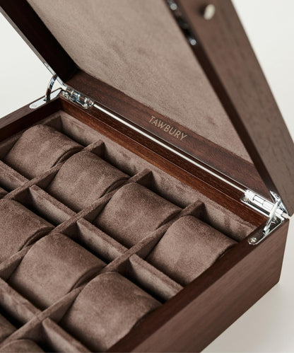 TAWBURY Wooden Watch Case - 12 Slot Wood Watch Box for Men & Women with Protective Fully Lined Interior and 2-inch Wide Pillows for Small & Large Watches (Dark Walnut)