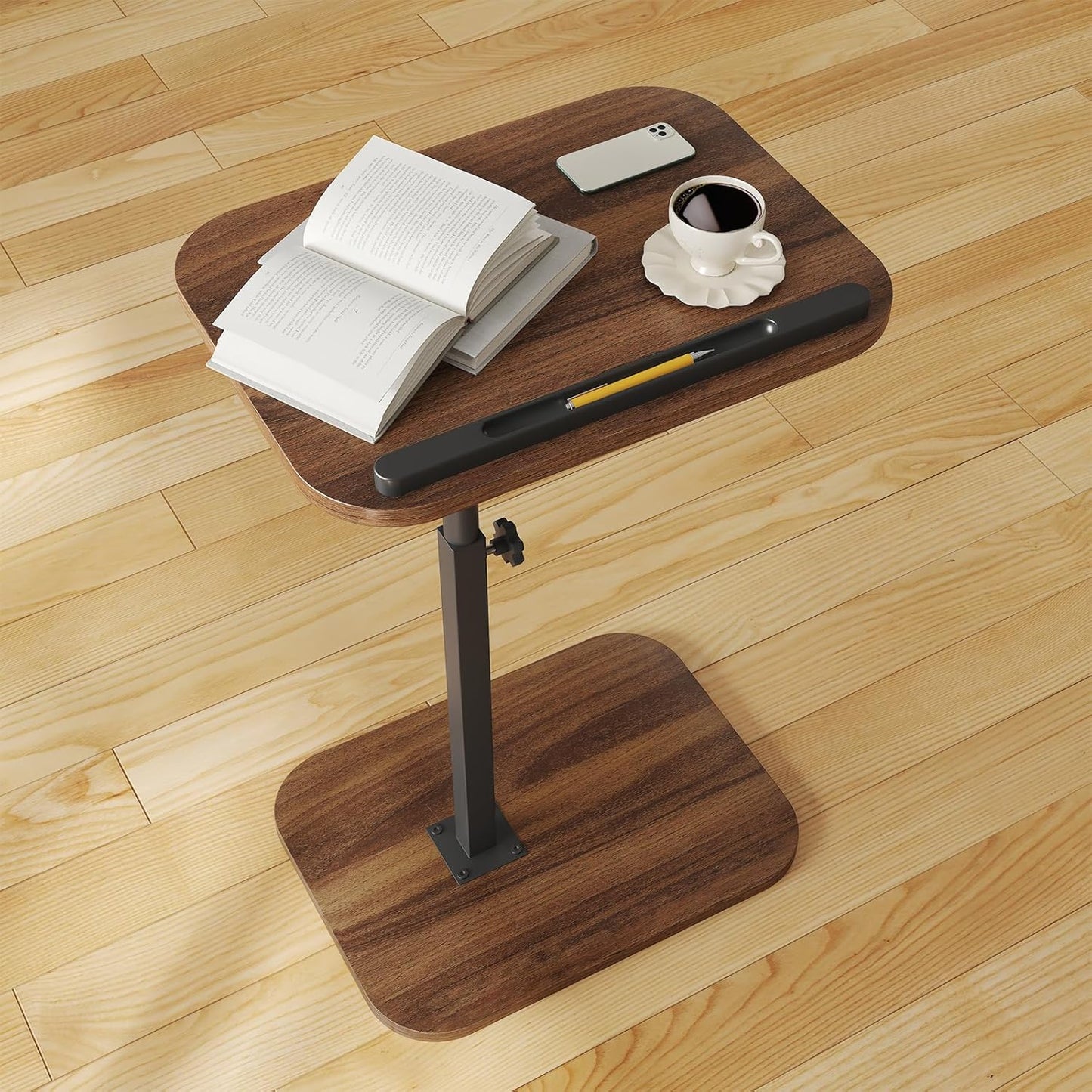 360 Side Table Sofa Tv Tray Height Adjustable C Shaped End Table Swivel Overbed Living Room Couch Table, Walnut