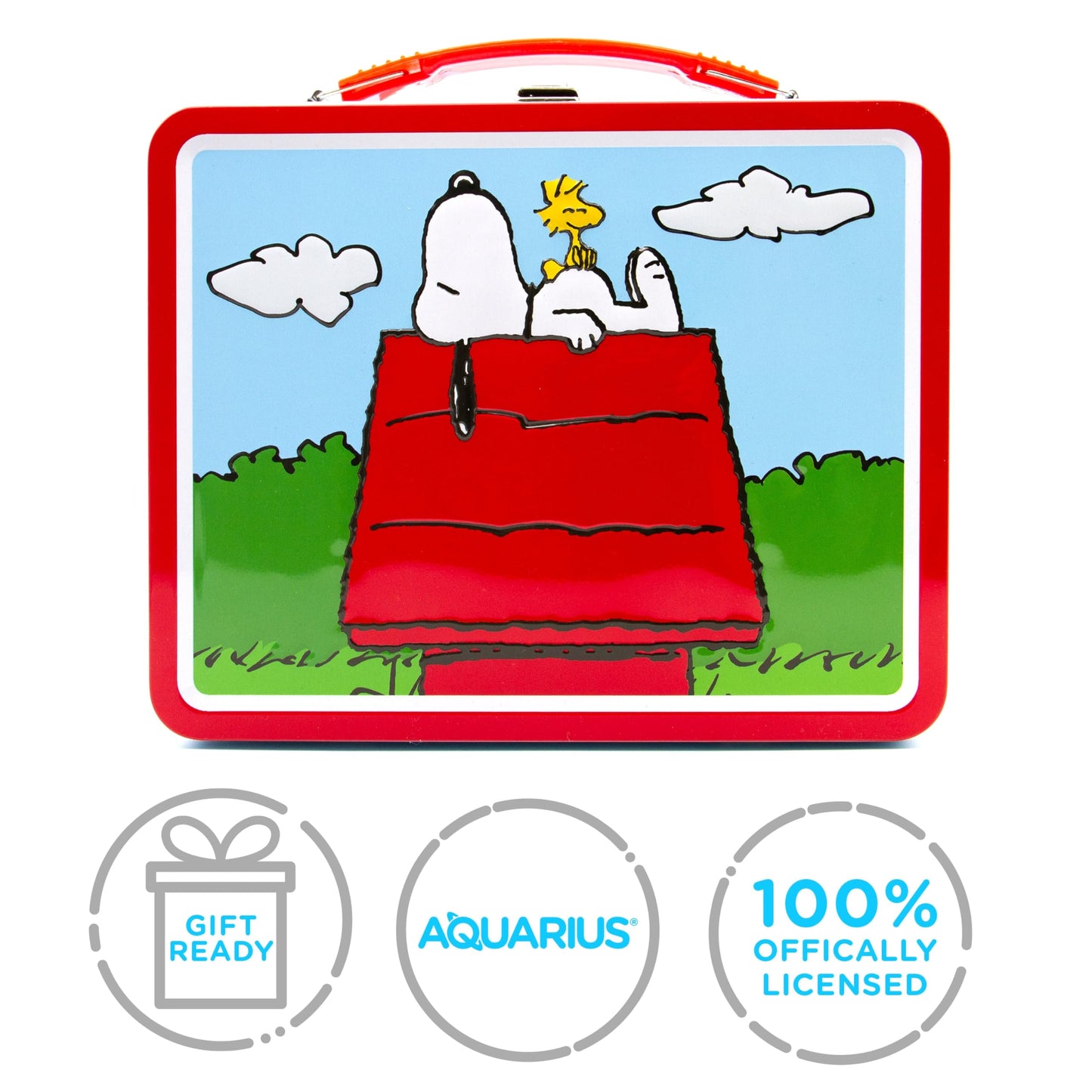 Aquarius Peanuts Snoopy Tin Fun Box with Embossed Cover and Handle 8 x 6 Inches - Collectible Retro Container for Kids Toys, Cards and Memorabilia