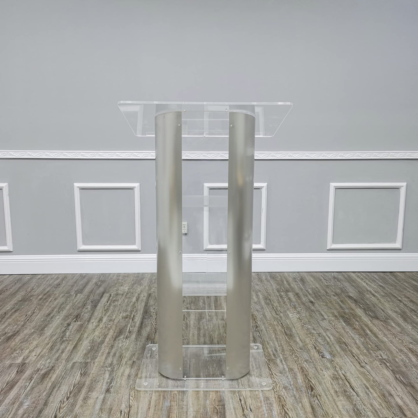 FixtureDisplays® Brushed Stainless Steel Sides Pulpit Clear Acrylic Plexiglass Podium Curved Lectern 14307NEW