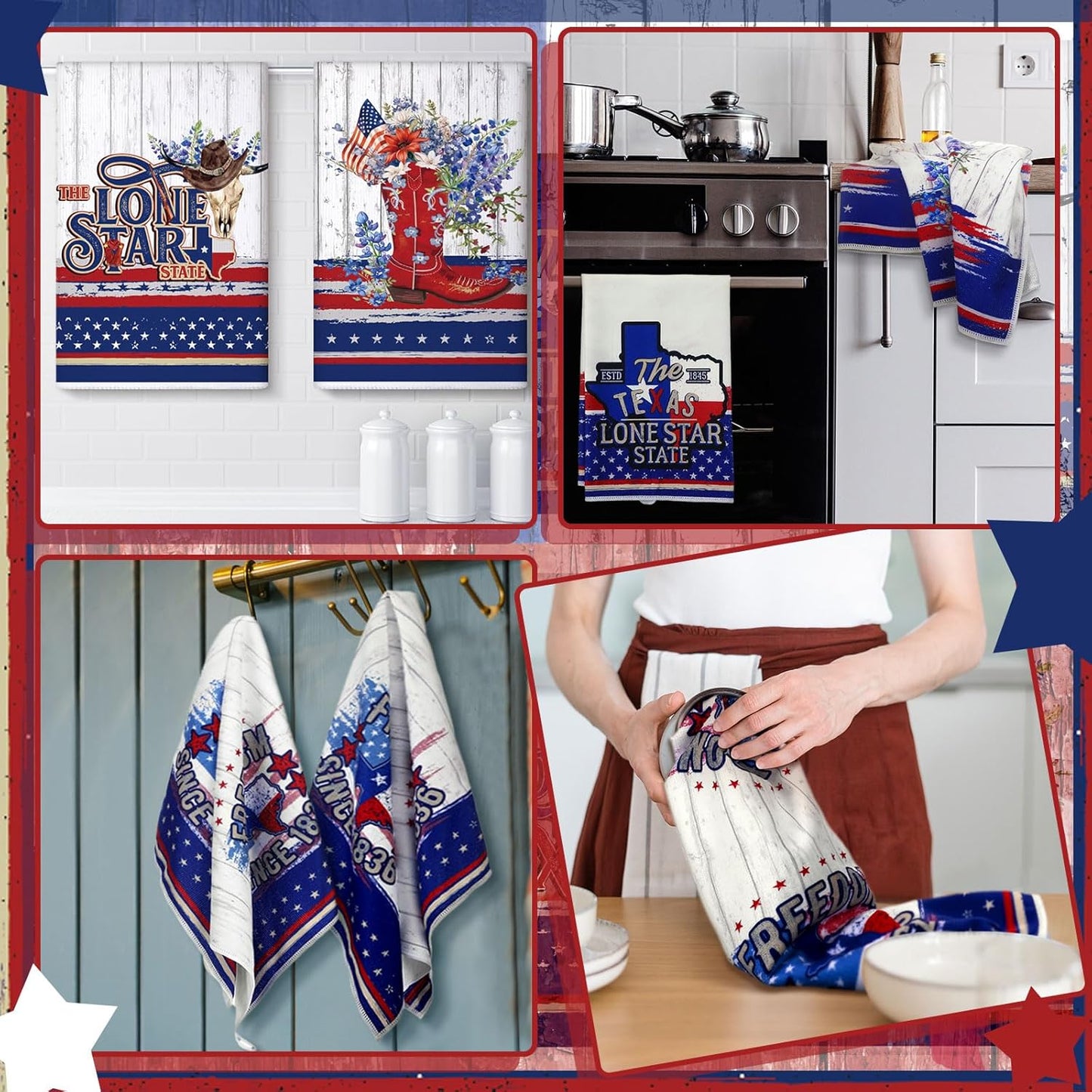 Bencailor 6 Pcs Texas State Kitchen Towel - Patriotic Absorbent Hand Towels for Home Cleaning