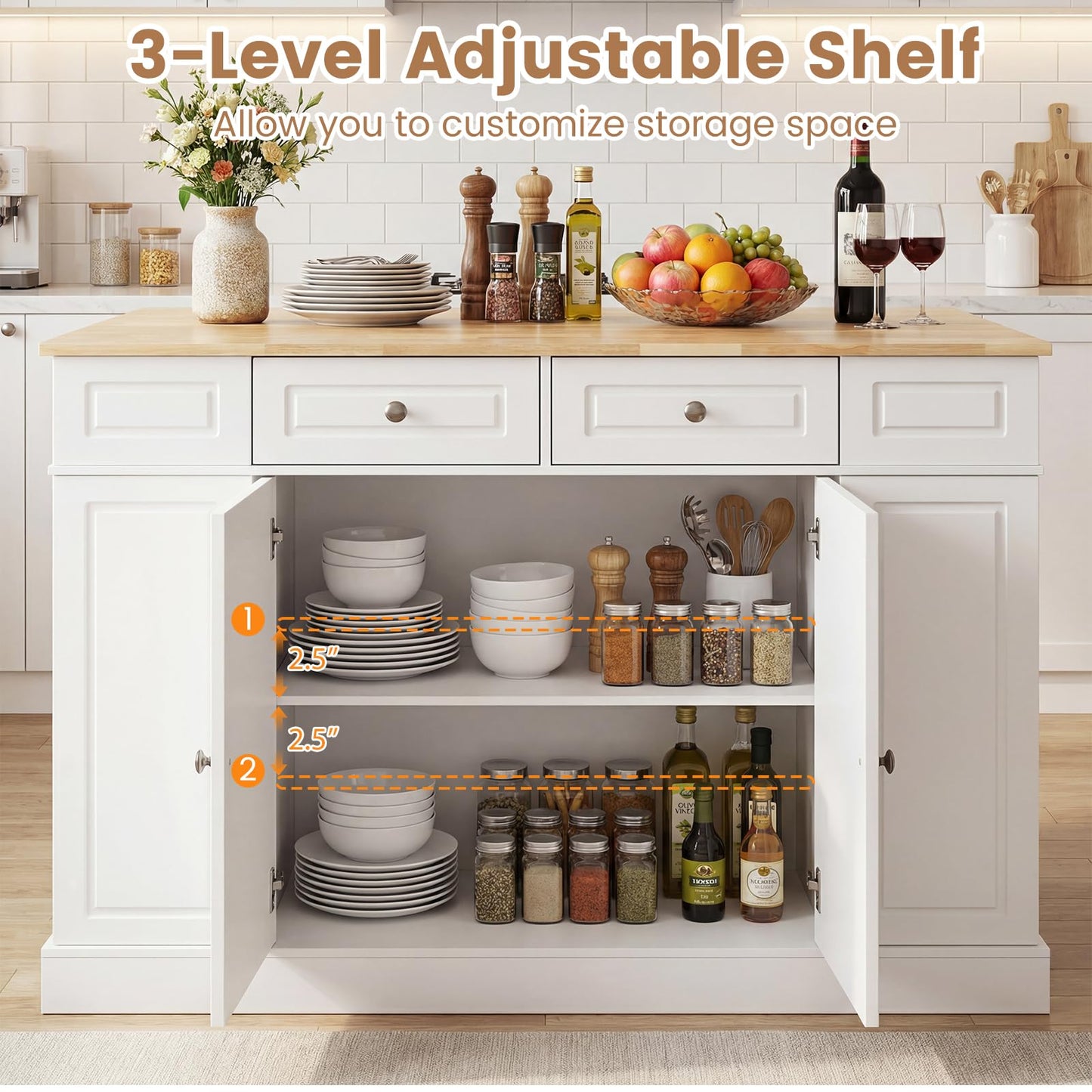 Giantex Kitchen Island with Storage & Drop Leaf, 48" Stationary Island Table with Rubber Wood Top, 2 Drawers, Cabinet, Adjustable Shelf, Butcher Block Island for Living Dining Room, Bar (White)