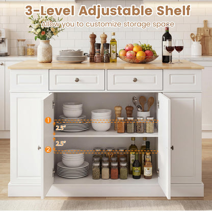 Giantex Kitchen Island with Storage & Drop Leaf, 48" Stationary Island Table with Rubber Wood Top, 2 Drawers, Cabinet, Adjustable Shelf, Butcher Block Island for Living Dining Room, Bar (White)