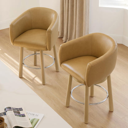 CHITA Genuine Leather Swivel Bar Stool, Modern Counter Height Bar Stools with Arms, Solid Wood Turned Legs, Upholstered Barstools for Kitchen Island, 26" Seat Height