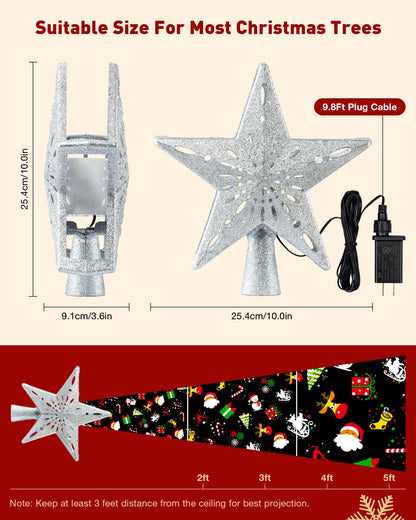 Christmas Tree Topper Lighted with 6 Patterns Projector, Christmas Star Tree Topper Built-in 3D Glitter LED Rotating Lights, Hollowed Christmas Tree Ornament for Xmas Party Holiday Decoration(Silver)