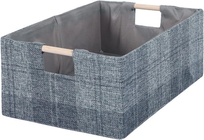 Fabric Storage Bin Box, Collapsible Cotton Linen Cube with Wooden Handles - Decorative Organizer for Clothes and