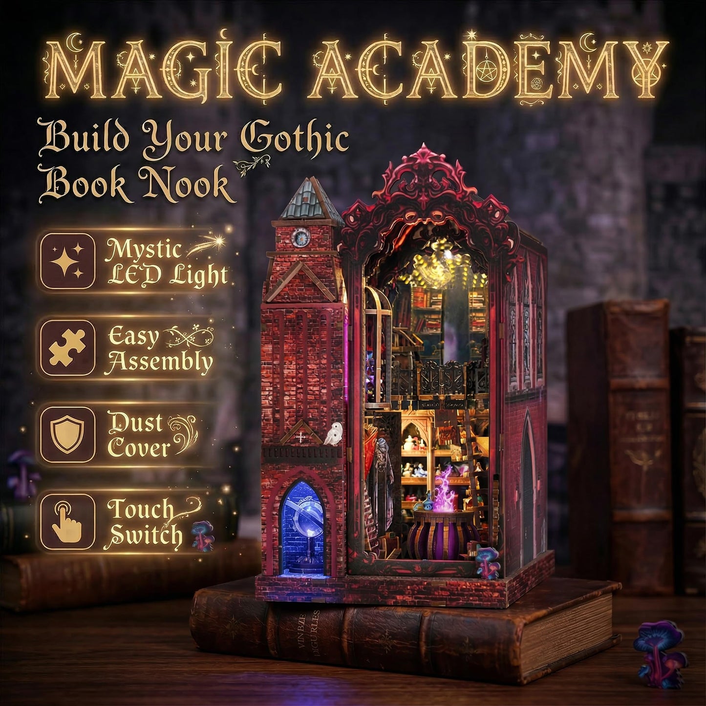 Book Nook Kit, DIY Miniature House Dollhouse Crafts Kit for Adults and Teens, Magic Castle 3D Wooden Puzzle Booknook Build Bookshelf Decor, Gifts for Family and Friends（Arcane Sprire）
