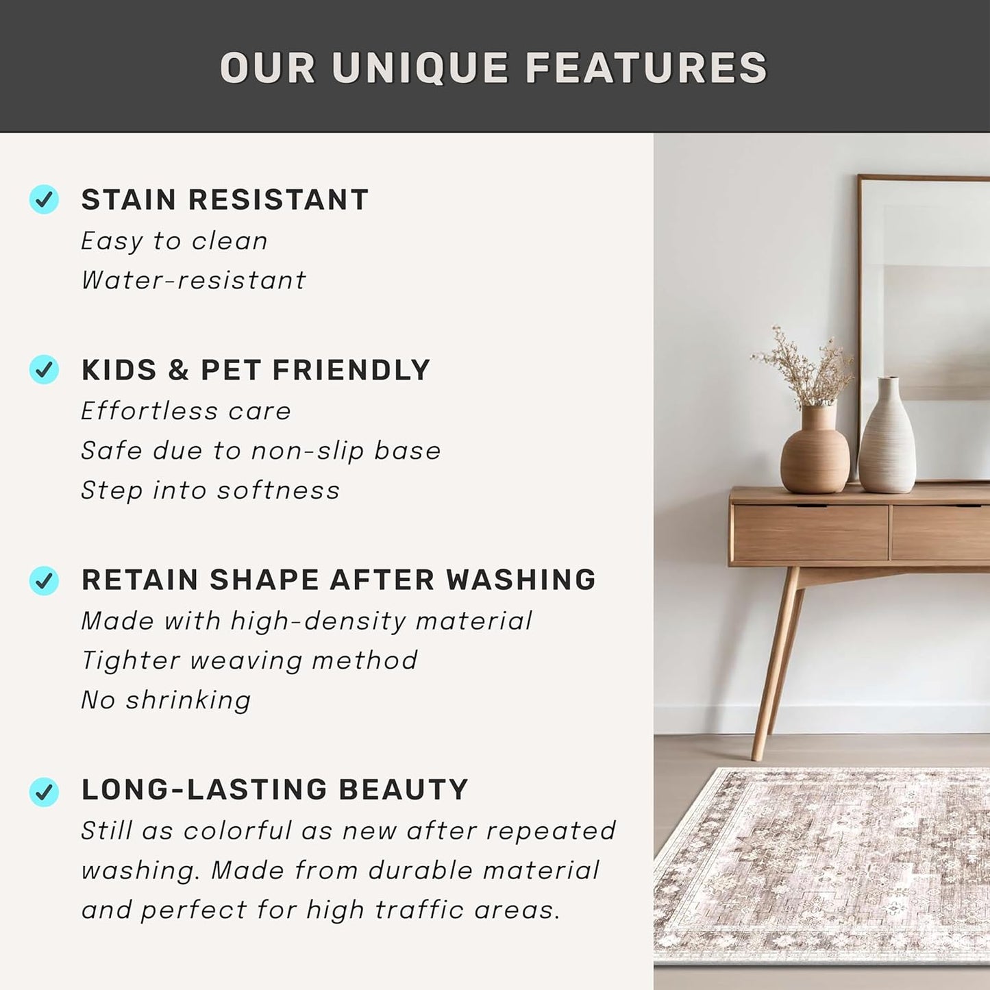 Beige Washable Runner Rug - Extra Long 2'6"x10' | Non-Slip Indoor Floor Mat for Hallways & Entryways