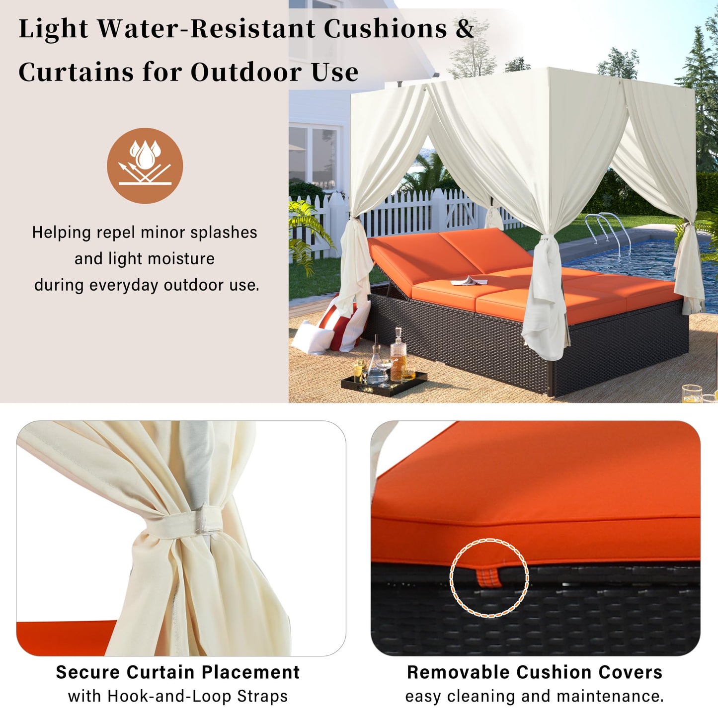 roomfitters Luxury Cabana Vibrant Orange Outdoor Double Chaise Lounge Patio Daybed with Privacy Curtains and Adjustable Reclining Backrest