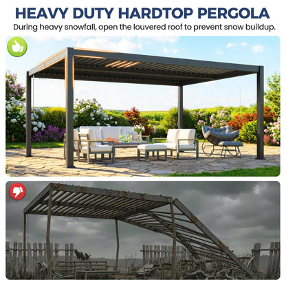 12' x 16' Louvered Pergola, Outdoor Pergola with Metal Adjustable Louvered Roof & Gutter System, Hardtop Patio Gazebo for Backyard, Patio, Garden, Dark Gray