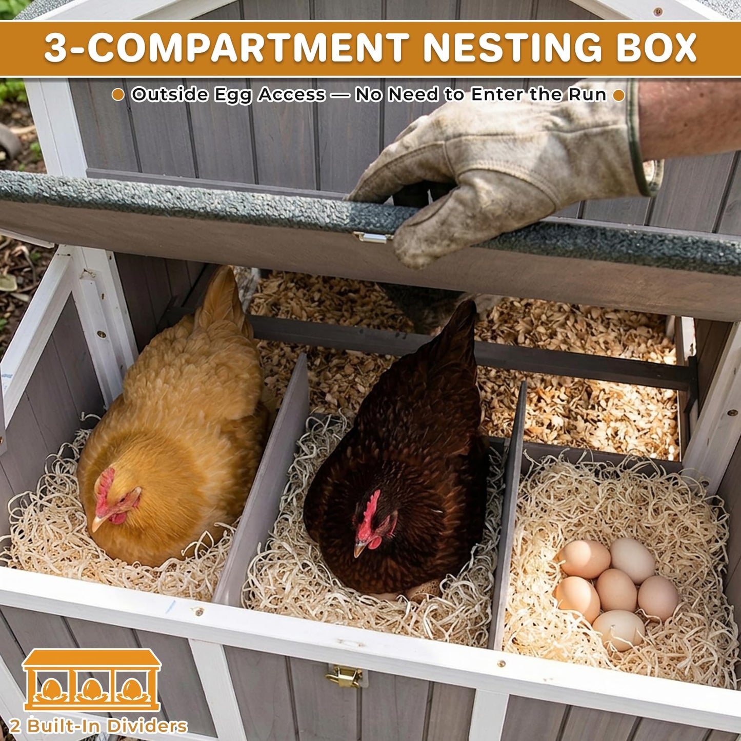 Large Outdoor Chicken Coop with Run & Wheels, 95.3" Wooden Hen House for 3–6 Chickens, 3-Compartment Nesting Box (2 Dividers), Pull-Out Tray, UV-Resistant Roof, Predator-Resistant Wire Mesh