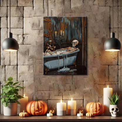 Framed Funny Halloween Skeleton Bathroom Wall Art, Soaking My Bones Pictures Wall Decor, Moody Gothic Dark Academia Paintings Canvas Prints Spooky Home Decor for Living Room Bedroom Dorm 12x16 inch
