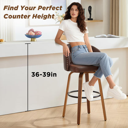Dorlicecass 26" H Counter Height Bar Stools Set of 4，360°Swivel Bar Stools with Back,Seat Height Upholstered Counter Stools with Wood Legs and Footrest，Leather Farmhouse（Brown）