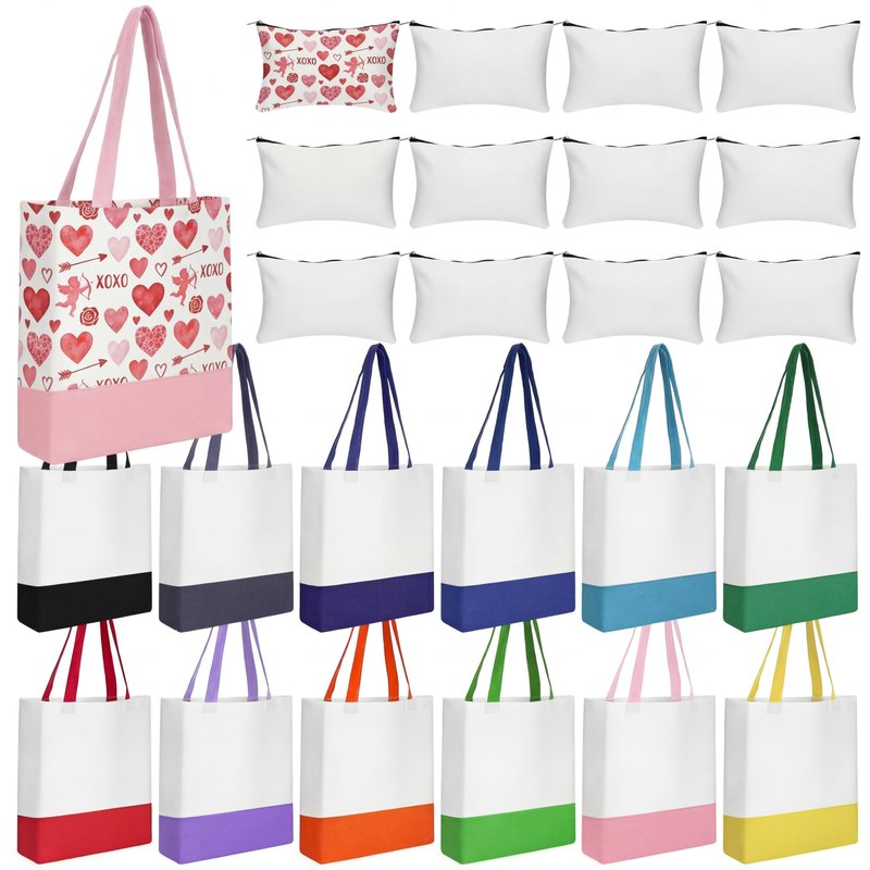 Moukeren 24 Pcs Canvas Tote Bag Bulk with Makeup Bag 13 x 15 Inches Medium 10 oz Lightweight Reusable Grocery Shopping Tote for DIY Sublimation Blank Galentine Valentine's Day Craft Gift Market(Patch)