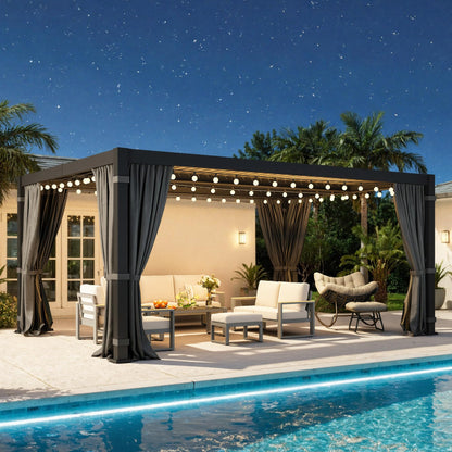 12' x 16' Louvered Pergola, Outdoor Pergola with Metal Adjustable Louvered Roof & Gutter System, Hardtop Patio Gazebo for Backyard, Patio, Garden, Dark Gray
