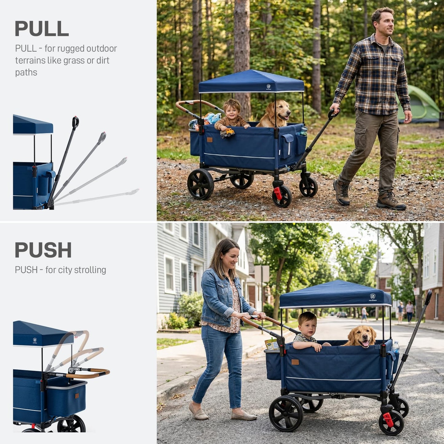EVER ADVANCED Side-Unzip Wagon Stroller for 2 Kids, Push Pull Stroller with Adjustable Handle, Easy Access Zipper Door, 5-Point Harness Removable UV-Protection Canopy Shock-Absorbing Wheels, Blue