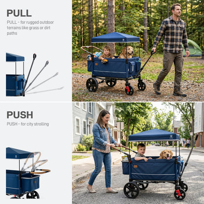 EVER ADVANCED Side-Unzip Wagon Stroller for 2 Kids, Push Pull Stroller with Adjustable Handle, Easy Access Zipper Door, 5-Point Harness Removable UV-Protection Canopy Shock-Absorbing Wheels, Blue