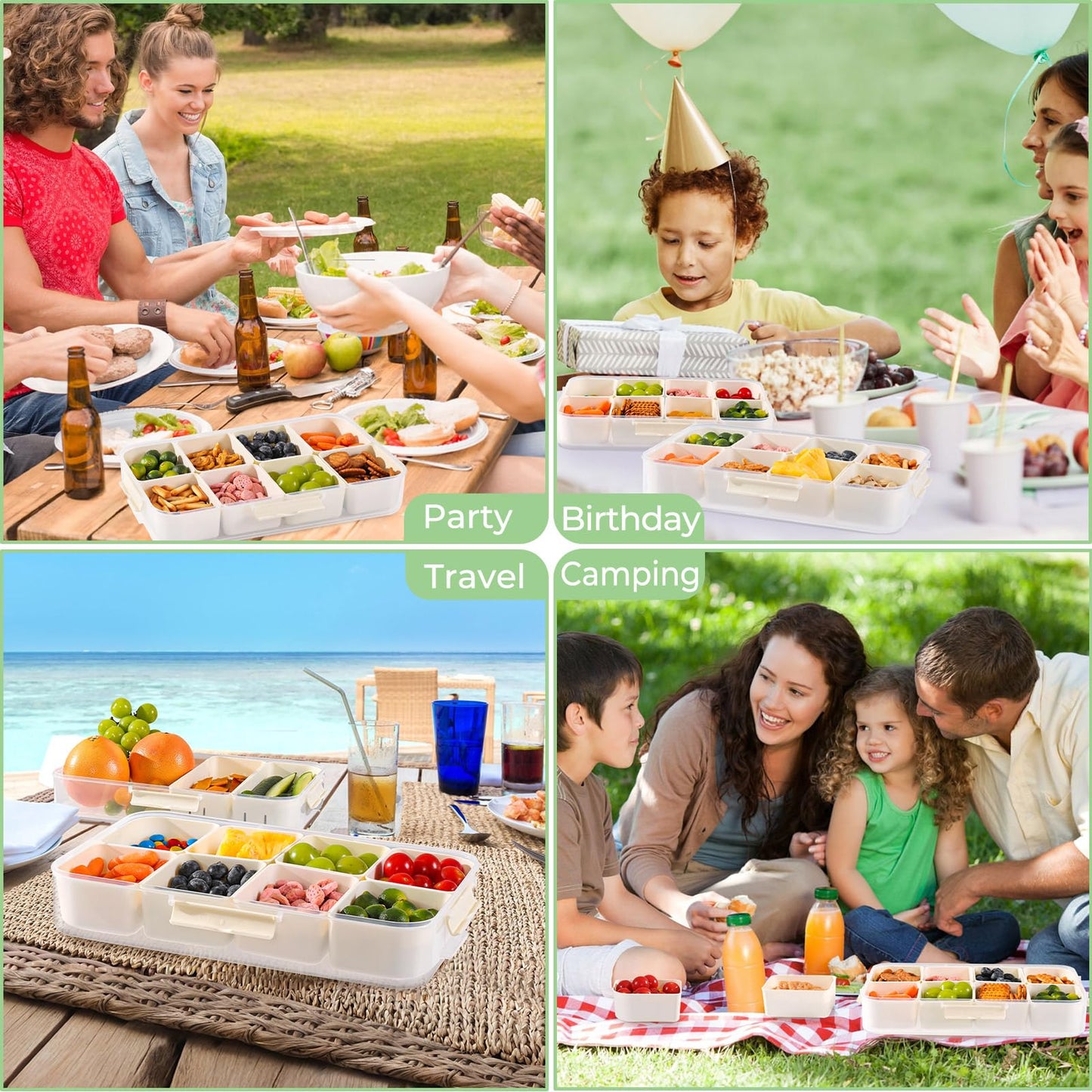 LUXEAR 2Pack 8-Compartment Snackle Box - Airtight Leakproof Divided Food Tray with Lid & Handle, BPA-Free Dishwasher Safe for Picnic, Fridge, Travel, Party, Ideal for Charcuterie & Food Storage