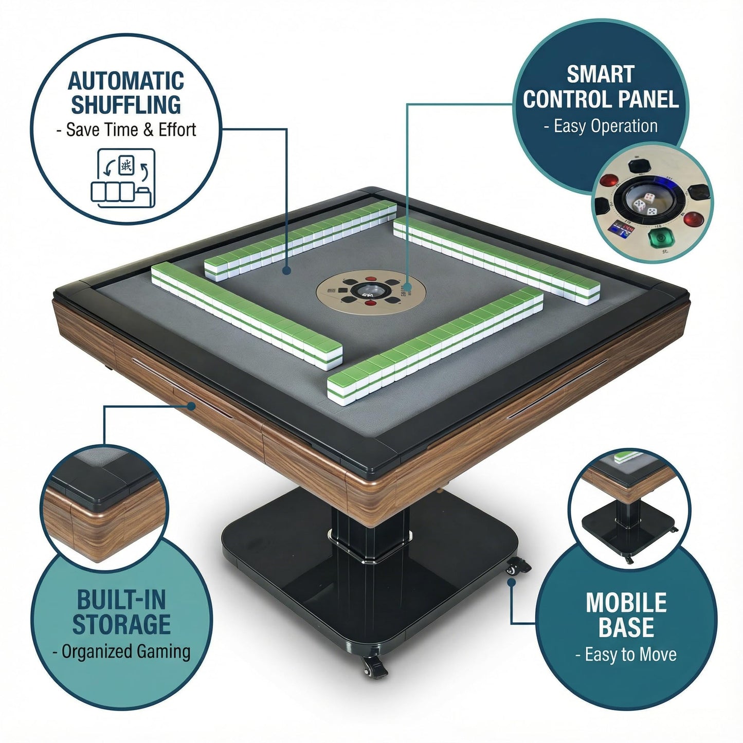ComeWay Foldable Ultra-Thin Automatic Mahjong Table with Wheels, Mahjong Table Set with American Chinese & Filipino Style 42mm Numbered Tiles (with Hard Table Cover)