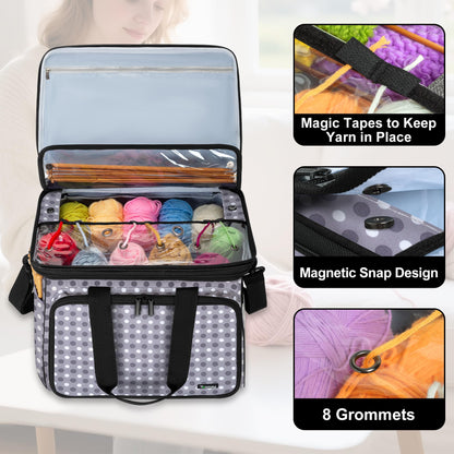Teamoy Knitting Bag with Divider and Cover, Portable Yarn Storage Organizer for Crochet Accessories and Knitting Needles,Ideal for Knitting Enthusiasts, Gray Dots