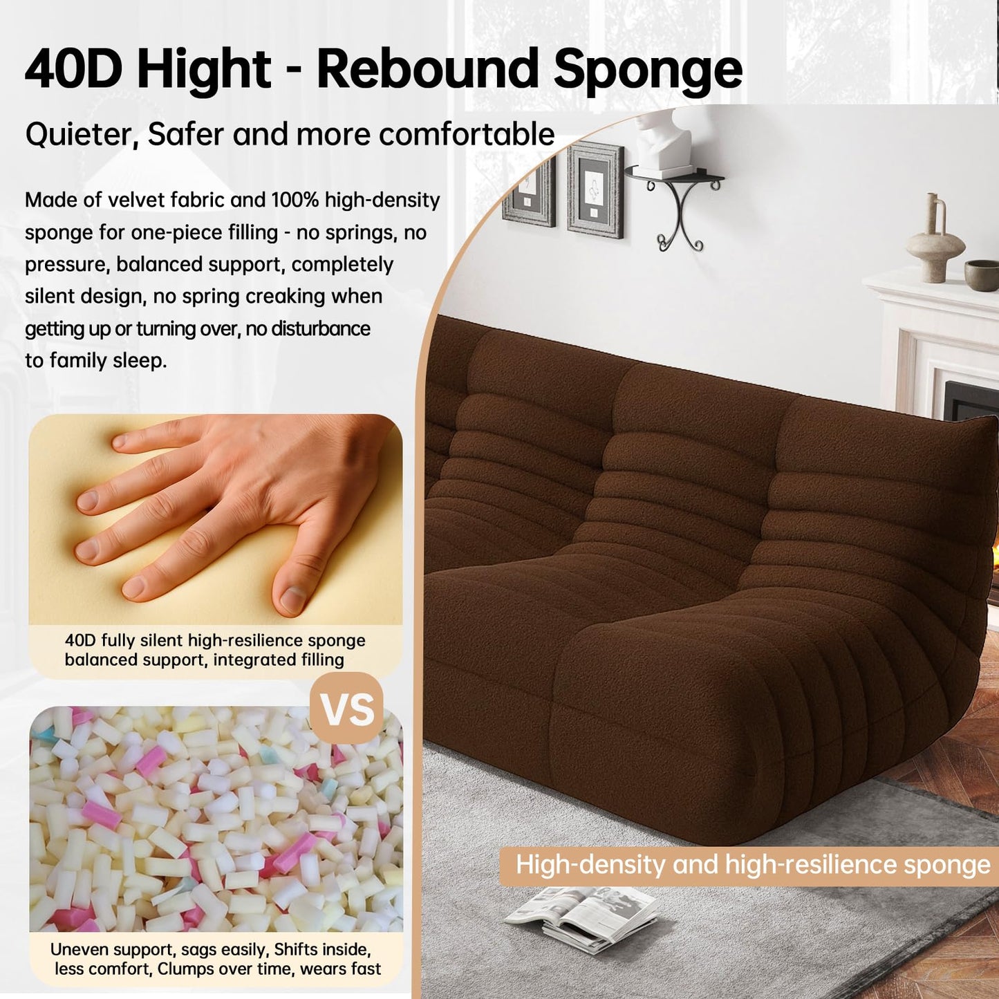 WHGBJA Bean Bag Chairs for Adults, BeanBag Reading Chair Memory Foam Couch 3-Seater, Floor Chair Soft Teddy Material, Comfy Reading Nook Chairs for Bedroom Living Room Office (Coffee)