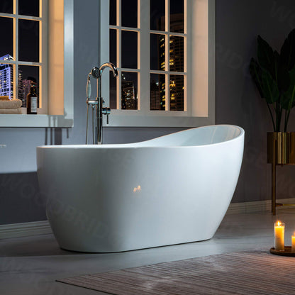 WOODBRIDGE 59" Acrylic Freestanding Bathtub Contemporary Soaking White Tub with Brushed Nickel Overflow and Drain，B-1530 -B/N-Drain &O