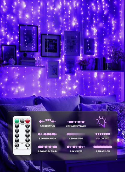 Brightown 300 LED Purple Fairy Curtain Lights - 9.8ft x 9.8ft String Lights with Remote & 8 Modes for Indoor/Outdoor Use