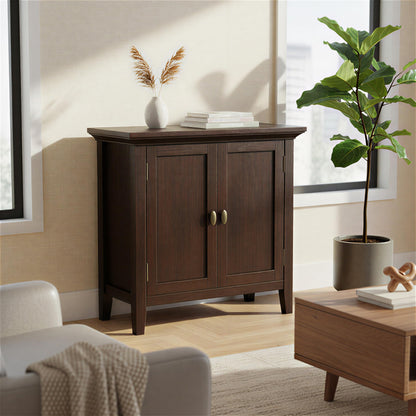 SIMPLIHOME Redmond Storage Cabinet - 32 inch Wide Solid Wood 2-Shelf Low Storage Cabinet in Brunette Brown, Transitional Accent Cabinet for Entryway with Adjustable Shelves and Tapered Legs