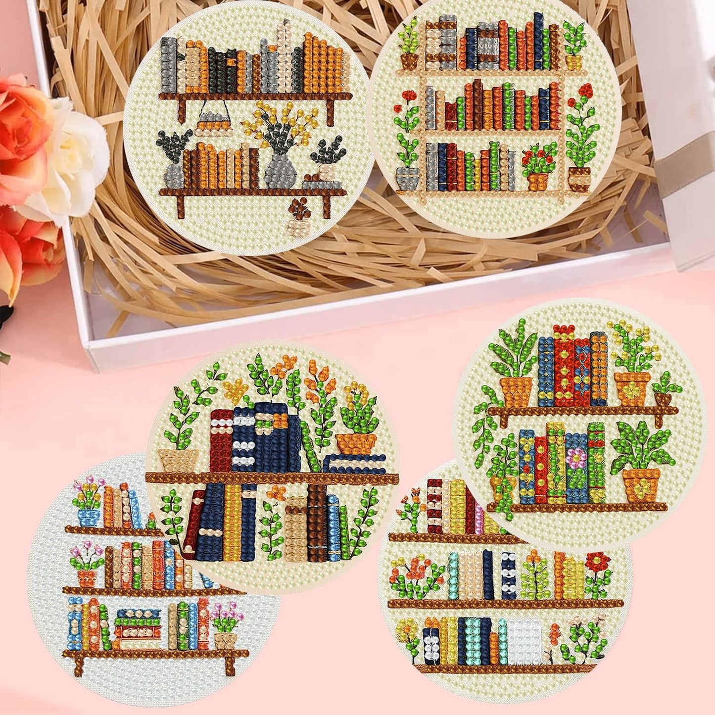 croshom Books Diamond Art Coasters Kits, 8 Pieces Books Diamond Painting Coasters with Holder, Books Coaster Diamonds Art Painting Kits for Adults, 5D DIY Wooden Coaster for Gift