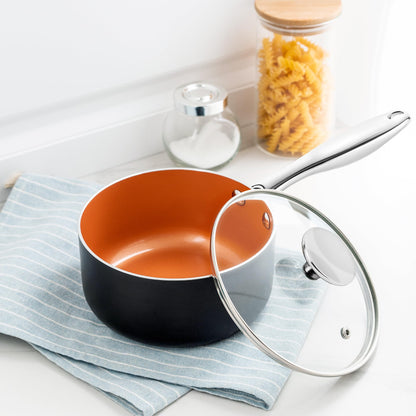 MICHELANGELO 4 Quart Saucepan with Lid - Ultra Nonstick Sauce Pan with Ceramic Coating, 4 Qt Non Stick Pot Induction Compatible, Copper