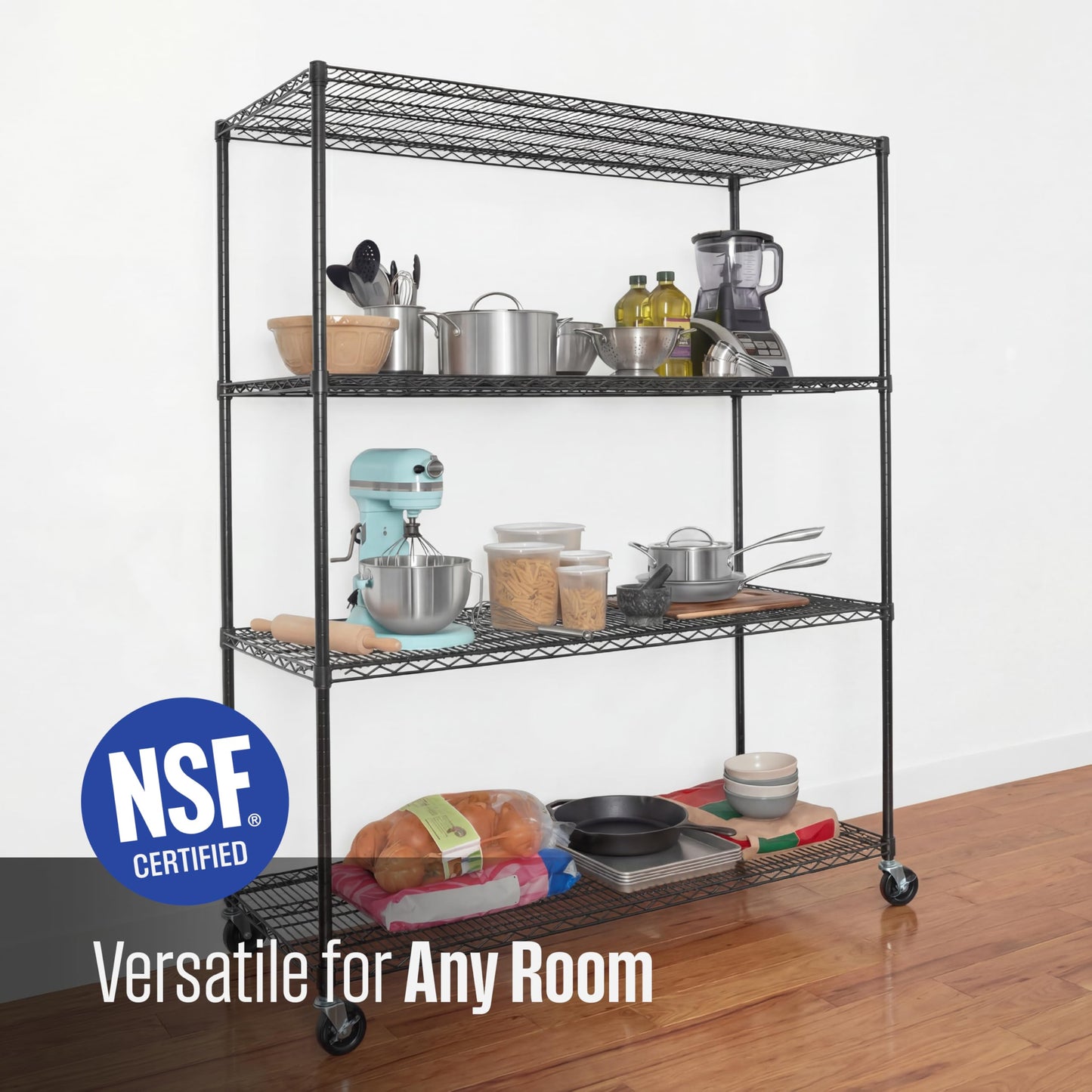 SafeRacks - NSF Certified Storage Shelves, Zinc, Heavy Duty Steel Wire Unit with Wheels and Adjustable Feet, Garage or Bakers Rack, Kitchen, Pantry Shelf - (24"x60"x72" 4-Tier) (Black)