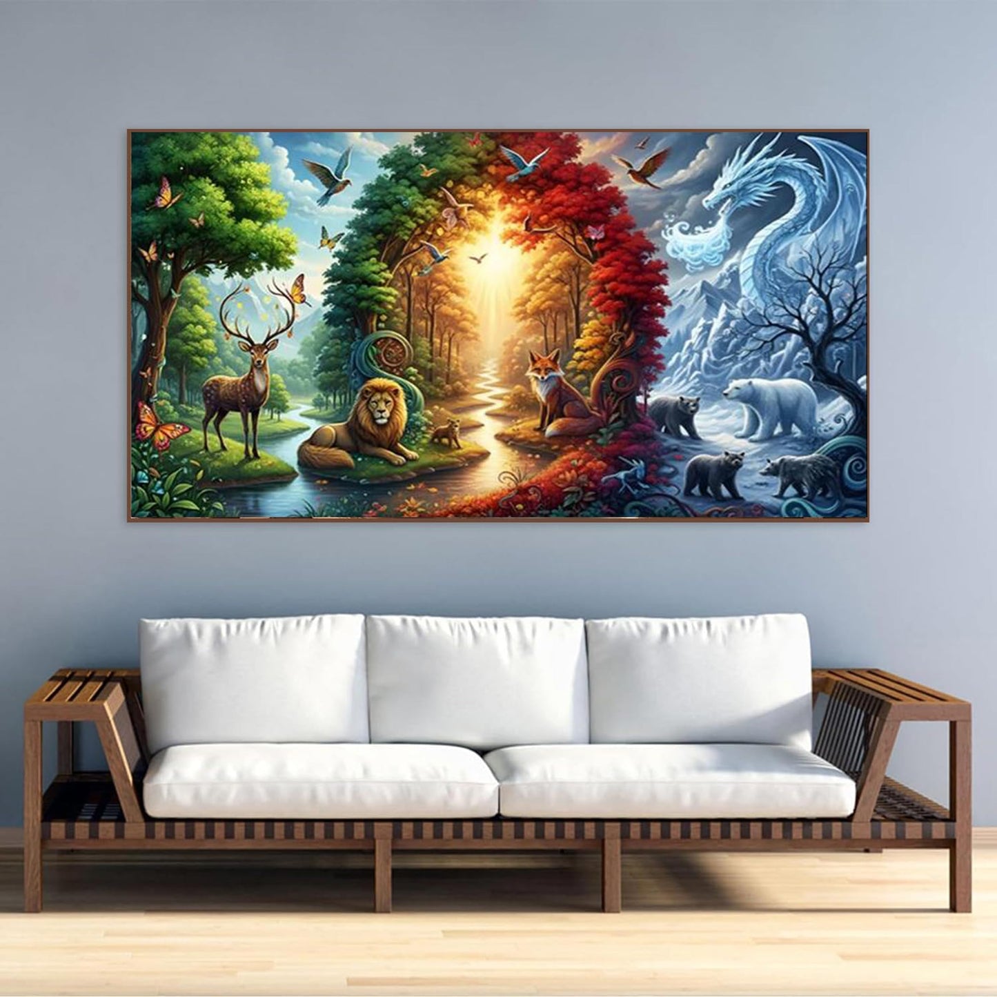 KUFWKEY Four Seasons Landscpae Diamond Art Kits for Adults,Wildlife Diamond Painting Kit,Deer Lion Fox Dragon Nature Scene Diamond Mosiac Kits,Gem Art for Home Decor,Large Size 27.5x15.7 Inch