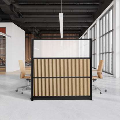Room Divider for Office Privacy – Modular Freestanding Acoustic Office Partition with PET Sound Dampening Panels and Faux-Wood Slats, 70” x 70”, Grove Sound Dampening Wall, Black Frame, Easy Assembly