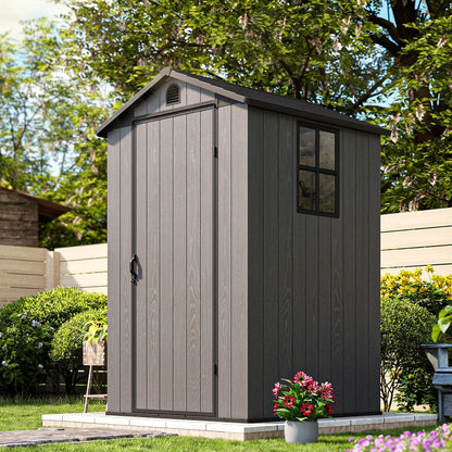 Patiowell 4' x 4' Outdoor Storage Shed with Floor, Plastic Shed Outside Resin Tool Shed with Window and Lockable Door for Backyard Garden Patio Lawn, Dark Grey (Fit-it Shed)