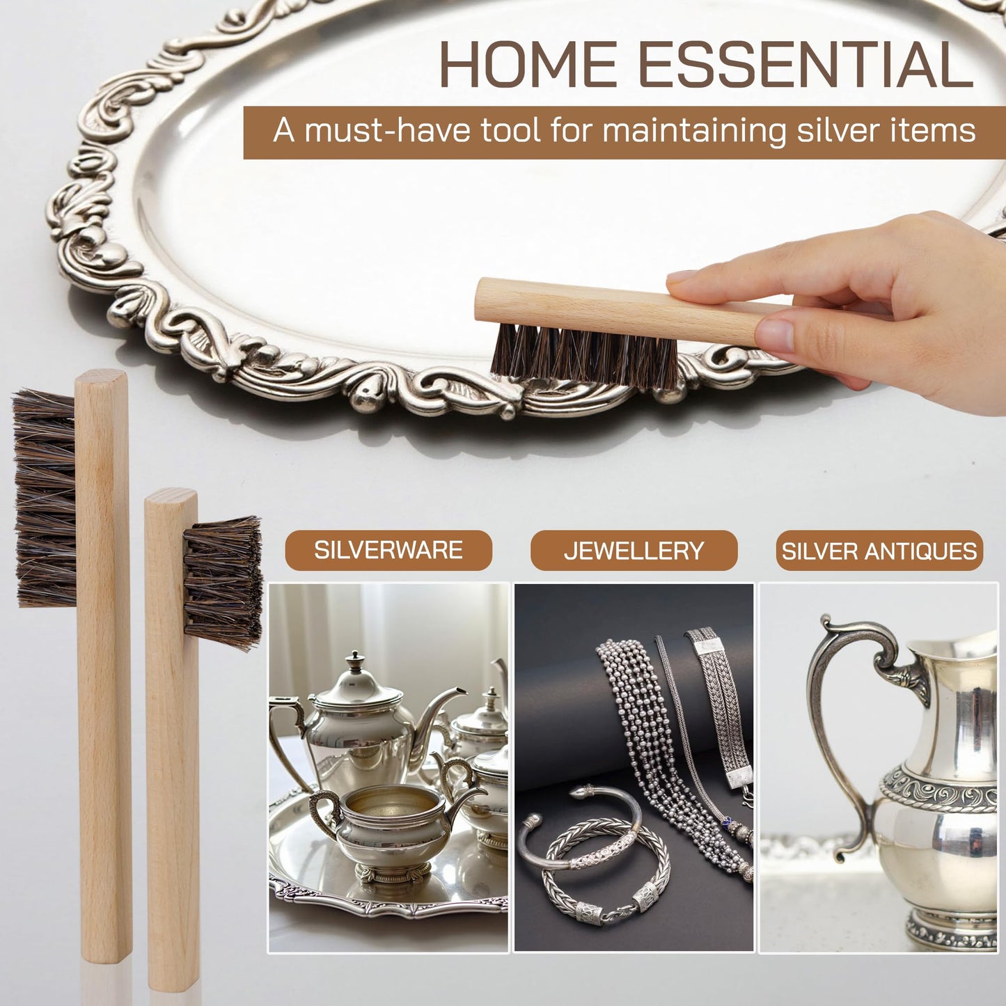 TAKAVU Horsehair Silver Brush Set of 4, Soft Detail Cleaning Brushes & Polishing Cloth, Non-Scratch Horsehair Brushes for Sterling Silver, Cutlery, Flatware, Jewelry & Antiques