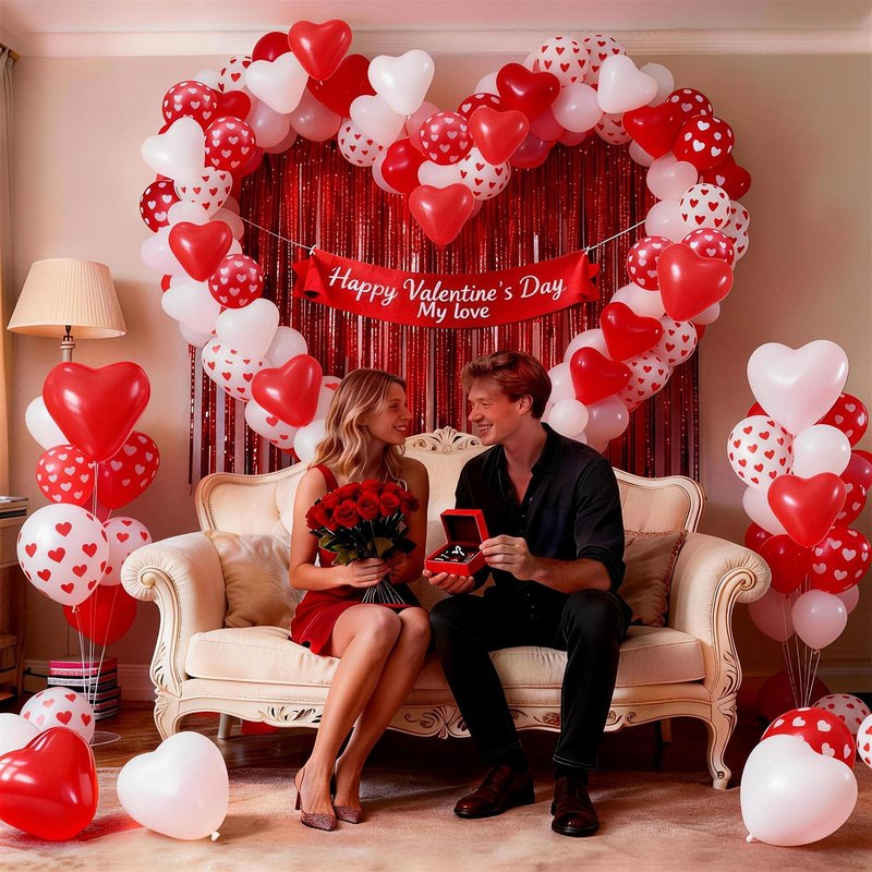Valentines Day Balloons 60 Pack Red White Heart Shaped Balloons Set Romantic Heart Print Latex Balloon for Sweet Galentines Proposal Engagement Wedding Bridal Shower Mothers Day Party Decorations