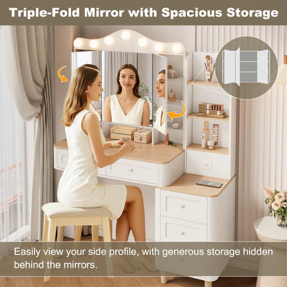 KEIKI Vanity Desk with Adjustable LED Lighted Mirror & USB Ports, Makeup Vanity Table Set with & Foldable 3-Sided Mirror & Large 5 Storage Drawers & Chest for Women and Girls Bedroom Dorm