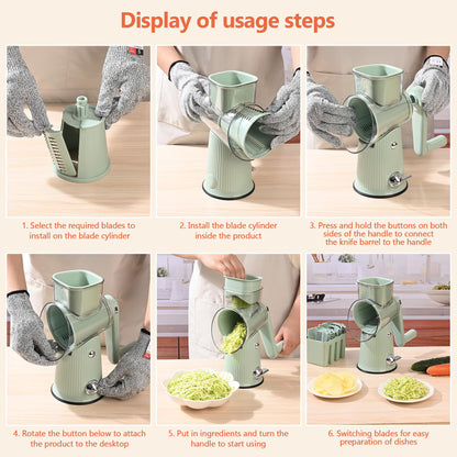 Cheese Grater With Hand Crank Countertop For Kitchen，Grater Shredder With Handle For Kitchen Rotating，Vegetable Slicer，Nuts Grinder Cheese Shredder with Clean Brush(5 Blades Matcha Color)