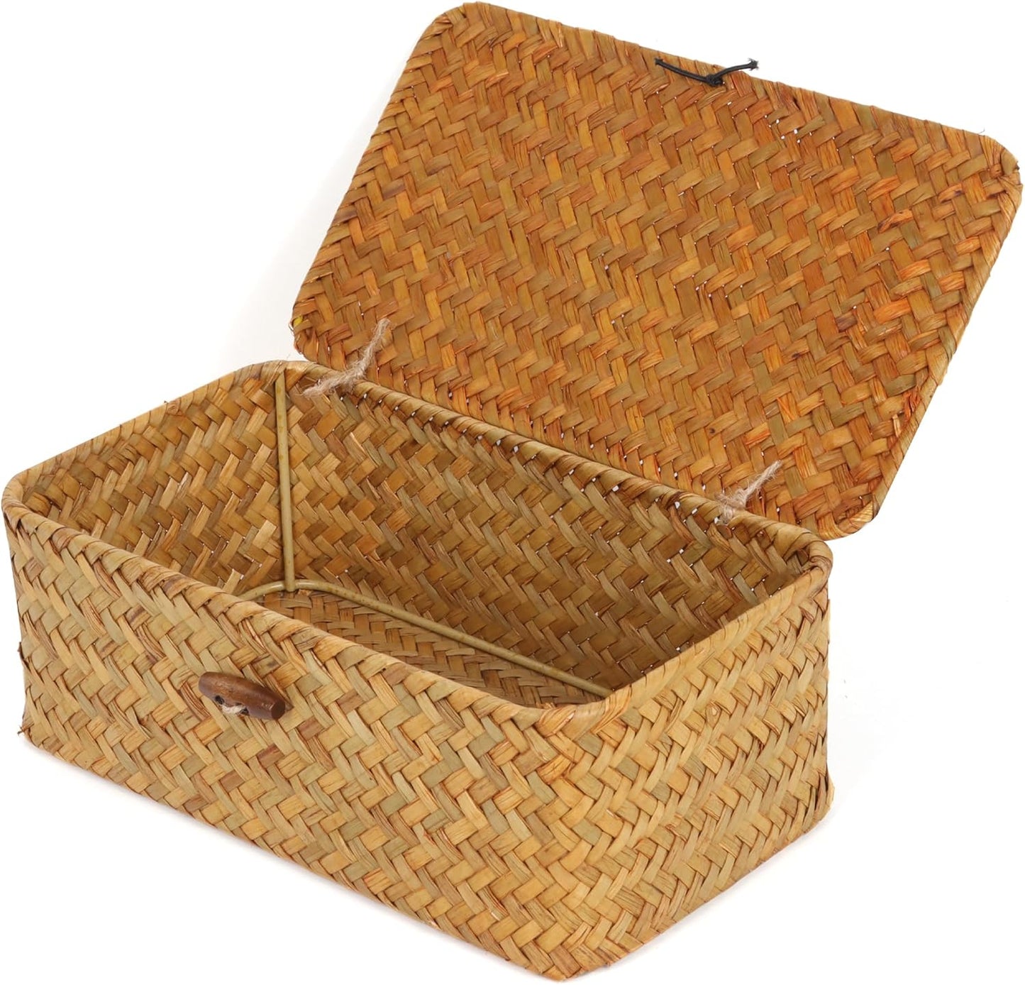 FEIALNDUO Wicker Shelf Baskets with Lid, X-Small Rectangular Handwoven Seagrass Storage Basket Bins for Home Organizer