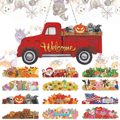 APCGSM 13PCS Interchangeable Diamond Painting Welcome Sign for Front Door Holiday Decor Red Truck Hanging Sign DIY Diamond Art Kits for Adults Interchangeable Seasonal Decor for Home Wall Farmhouse