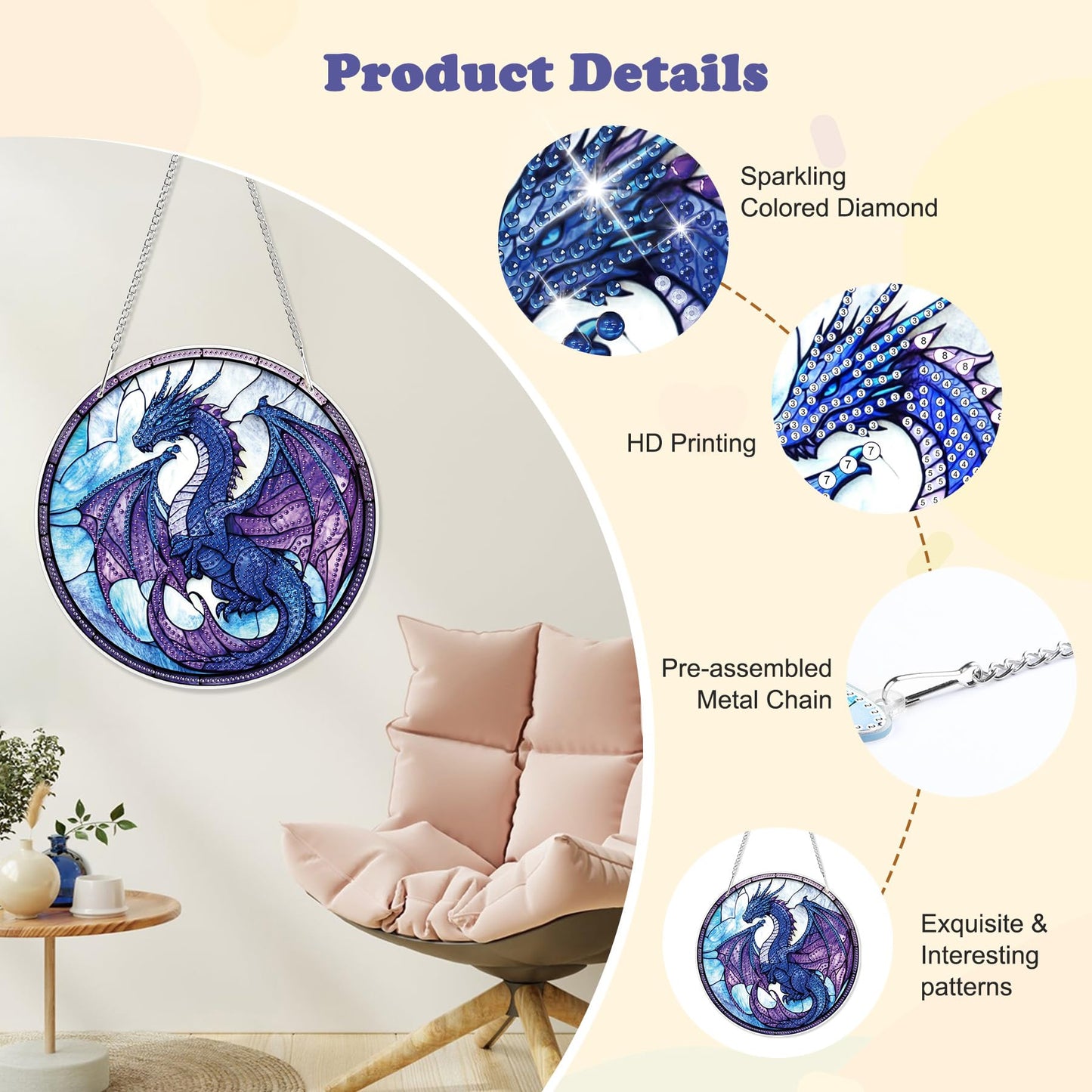 HEIBAGO Dragon Hanging Diamond Art Kits for Adults, Special Shaped Crystal Diamond Painting Ornament Kit, Stained Glass DIY Double-Sided Pattern Gem Art Kit for Home Wall Decor 8.3x8.3inch