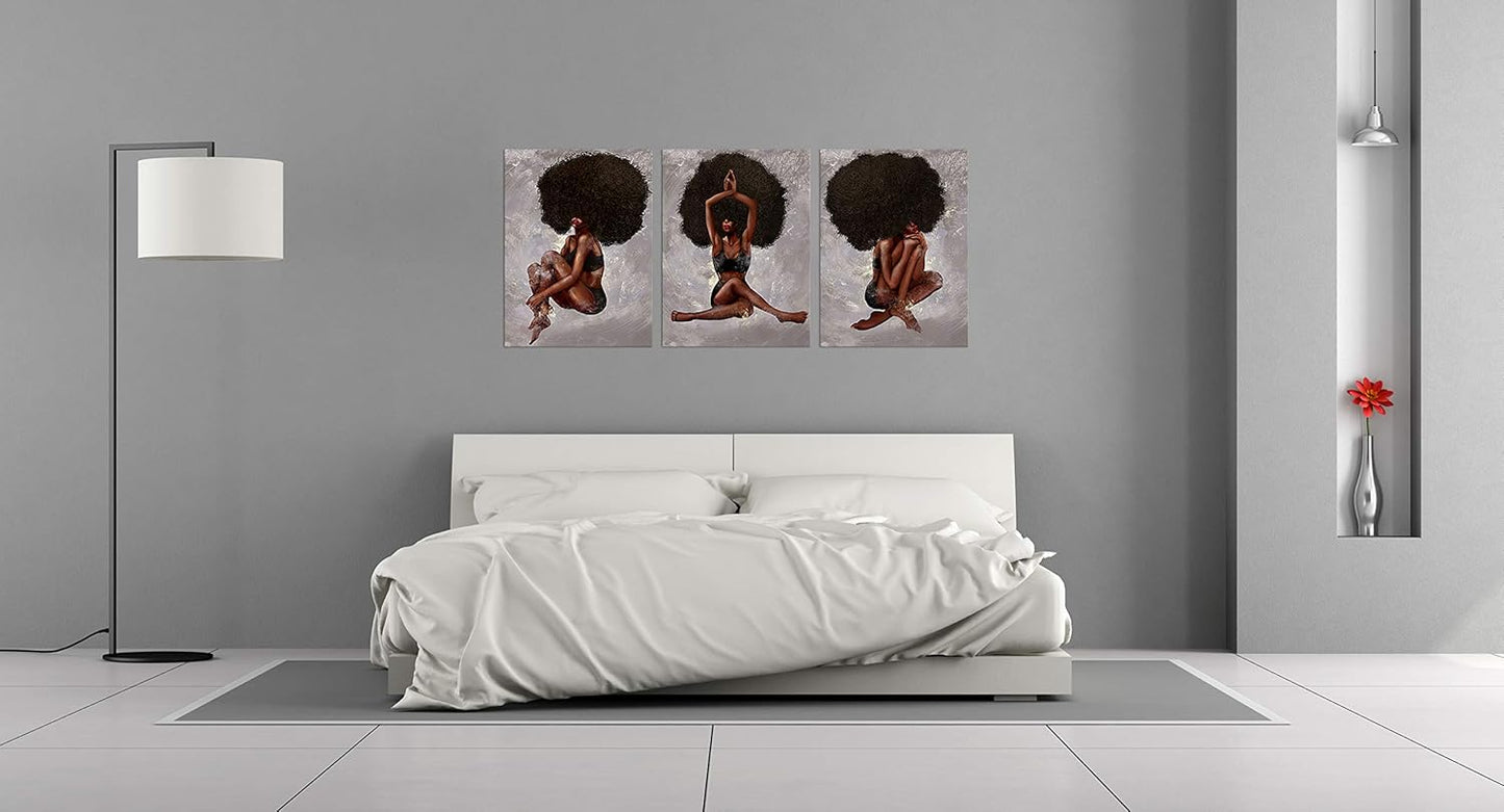 African American Wall Art - Yoga Women Natural Curly Hair Beauty Painting on Canvas